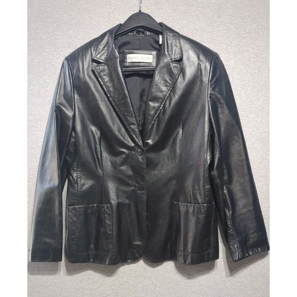 Vintage Valerie Stevens Black Leather Blazer Jacket Women's Two Button Size XL